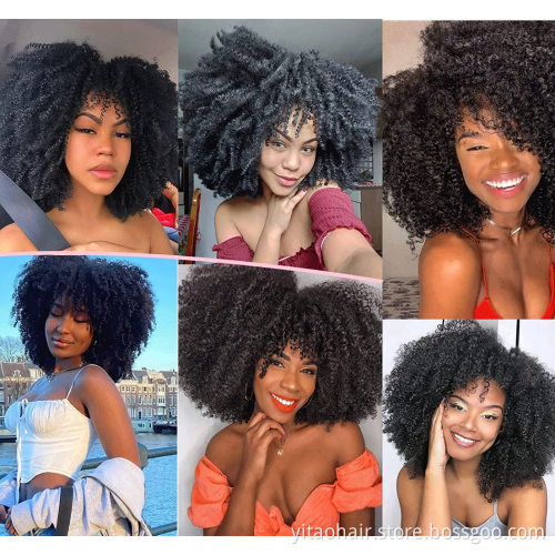 Wholesale Black Curly Wigs for Black Women Afro Curly Wigs with Bangs 14 Inch Afro Kinky Loose Curly Wave Synthetic Hair Wigs